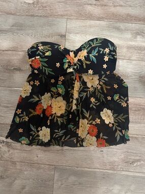 Black Floral Strapless Swim Top / Babydoll cut